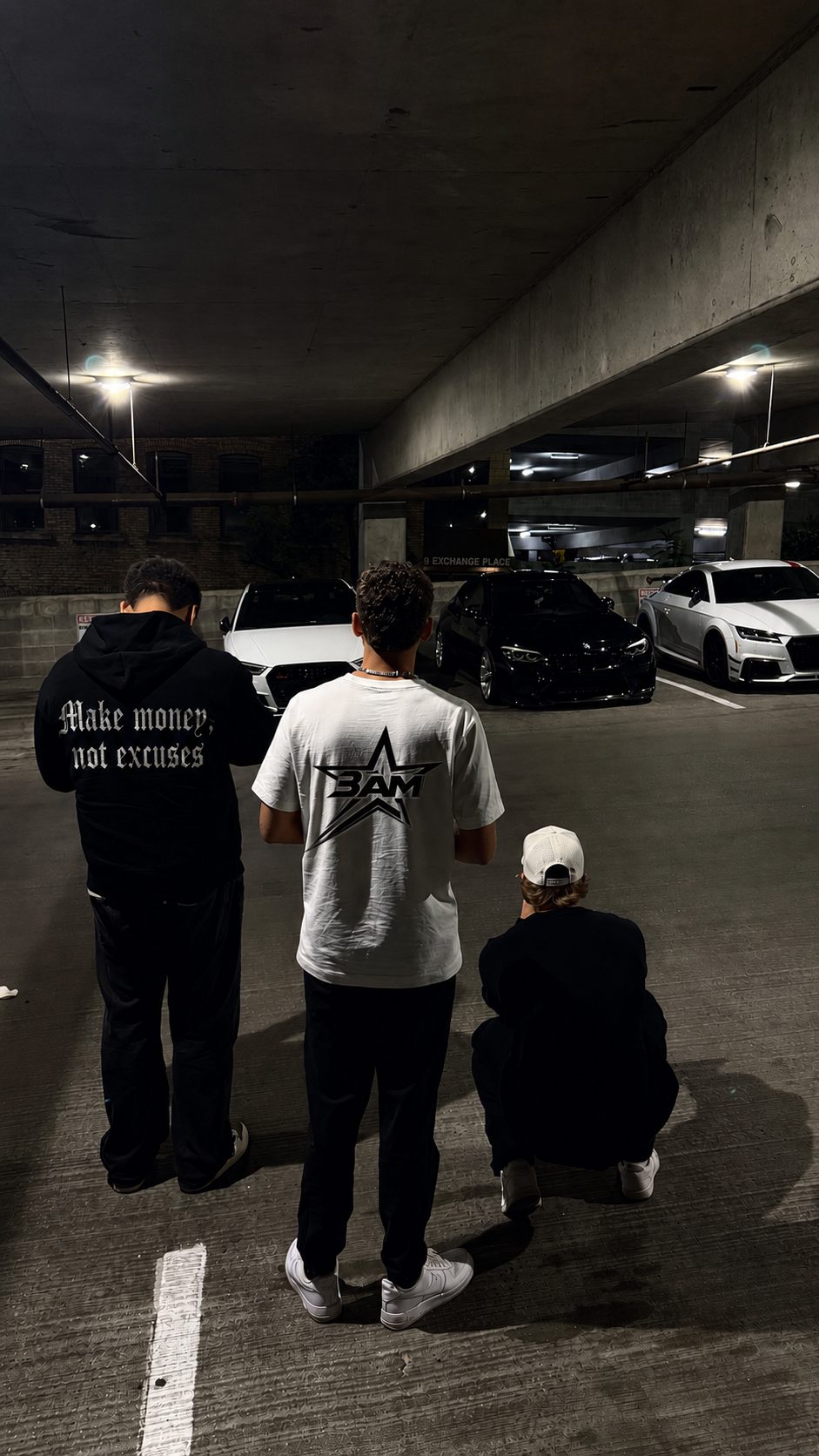 3AM crew, parking garage at night